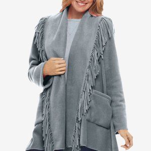 Fringed Shawl Collar Fleece Jacket